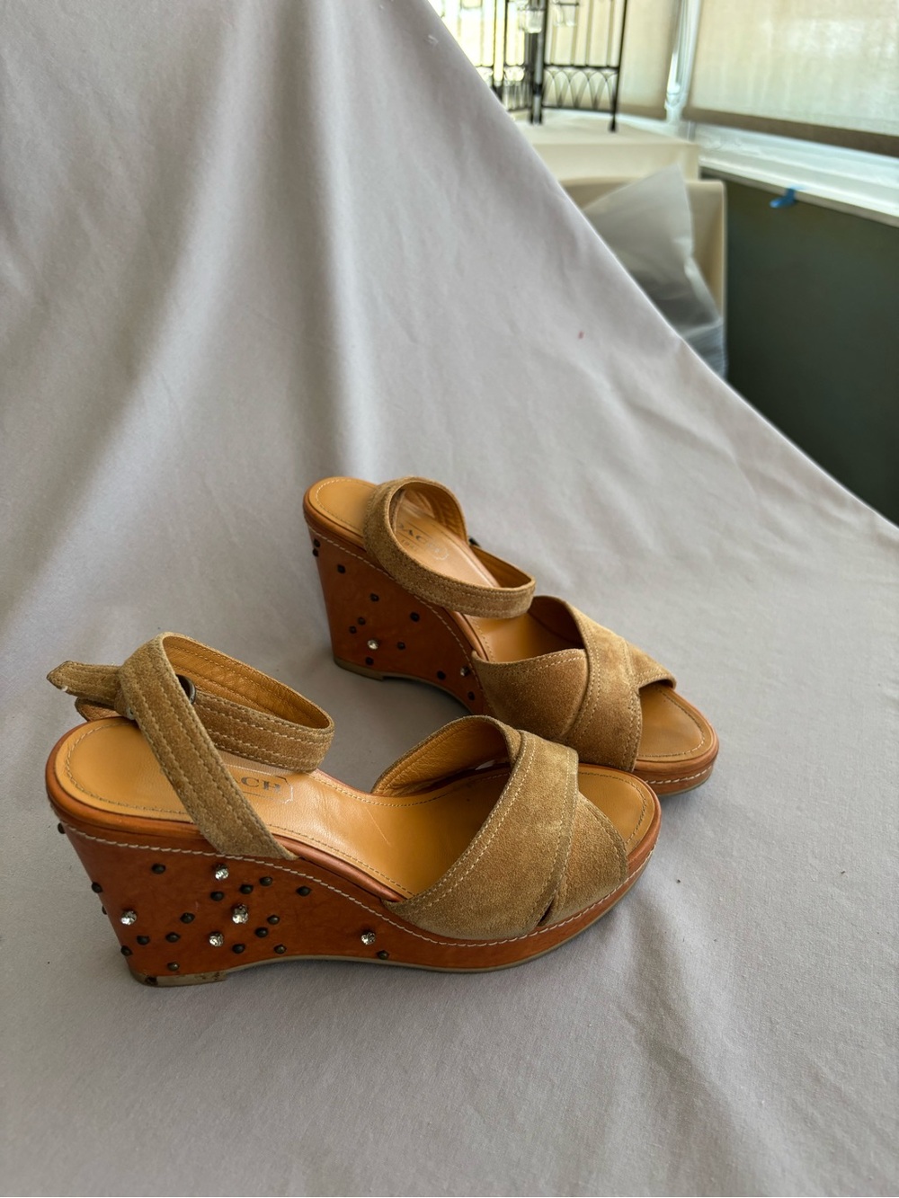 Coach Women's Tan Suede Crossover Ankle-Strap Sandals